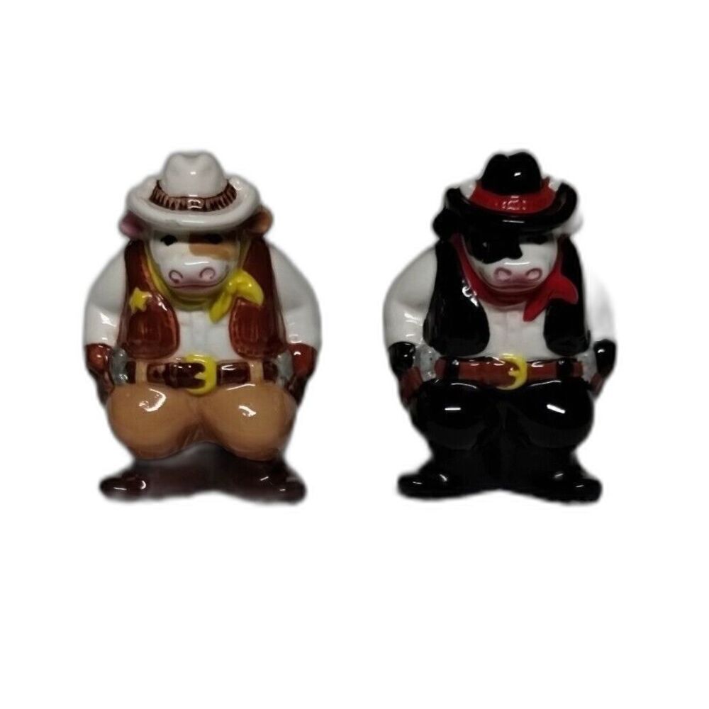 Vintage Clay Art Anthropomorphic Cow Salt & Pepper Shaker Cowboy Western Sheriff